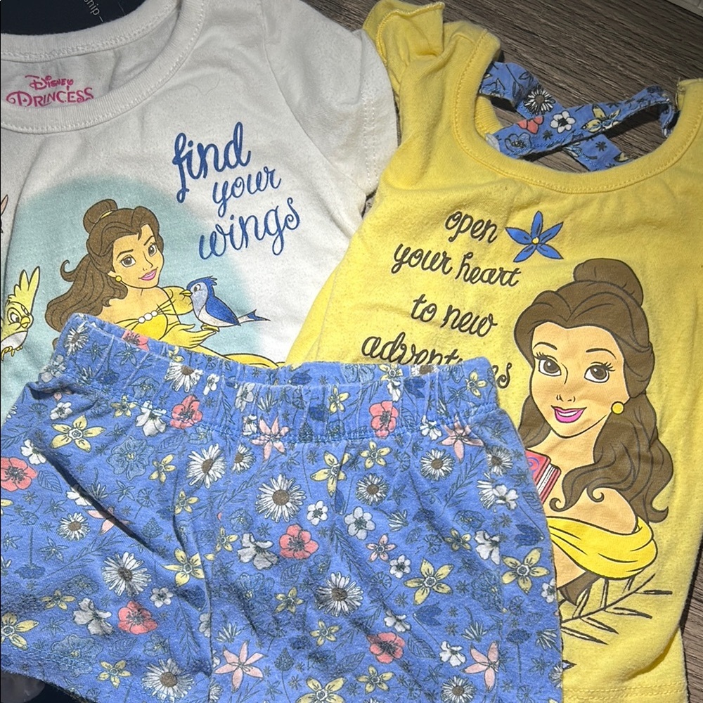 Disney princess Belle Yellow and Blue Matching shorts Set with 2 shirts